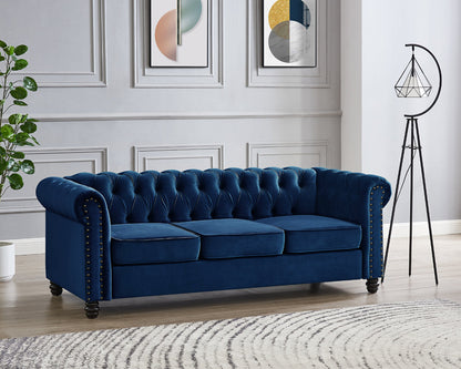 Harper Chesterfield Studded 3+2 Fabric Sofa- Blue Velvet