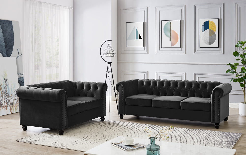 Harper Chesterfield Studded Black Velvet 3 Seater Sofa