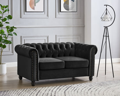 Harper Chesterfield Studded 3+2 Fabric Sofa- Black Velvet