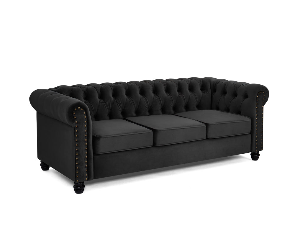 Harper Chesterfield Studded 3+2 Fabric Sofa- Black Velvet