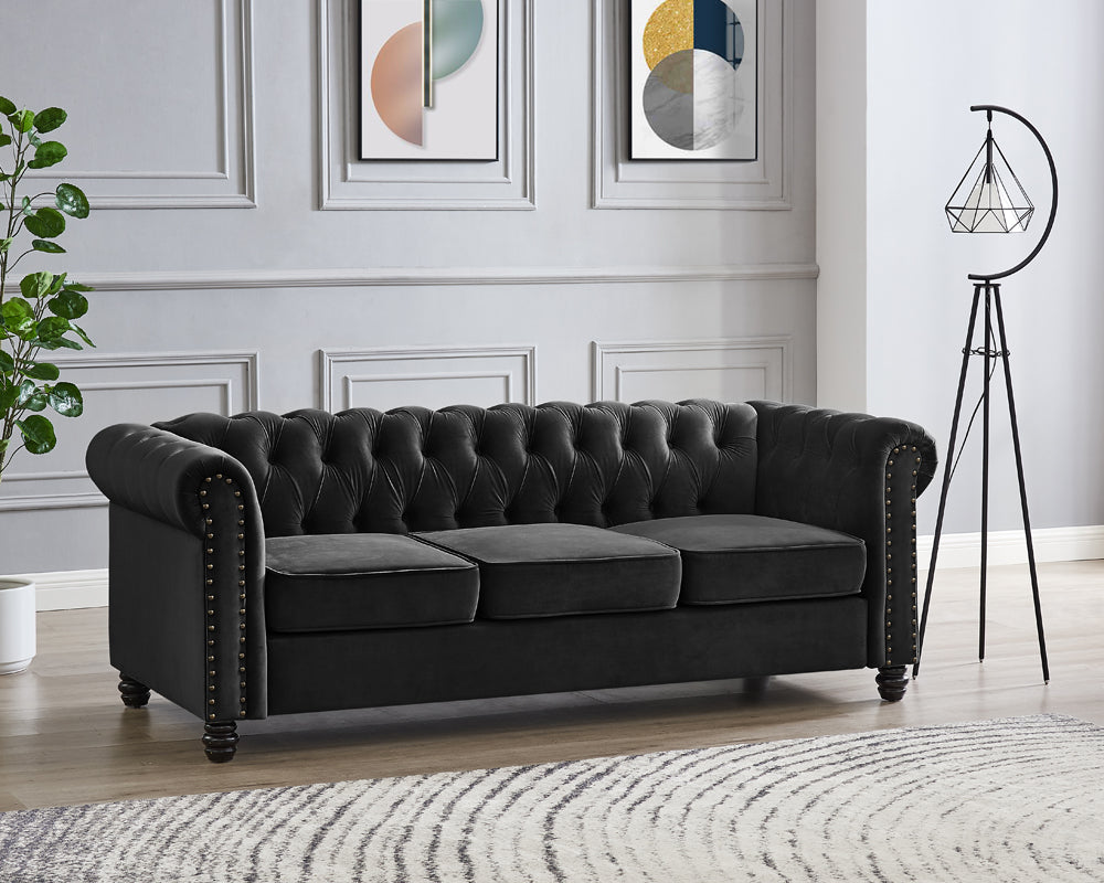 Harper Chesterfield Studded 3+2 Fabric Sofa- Black Velvet