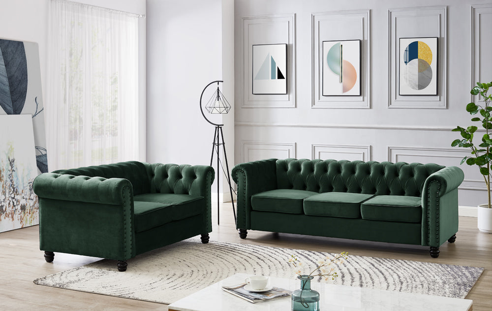 Harper Chesterfield Studded 3+2 Fabric Sofa- Green Velvet