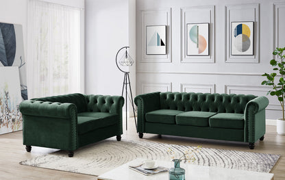 Harper Chesterfield Studded 3+2 Fabric Sofa- Green Velvet