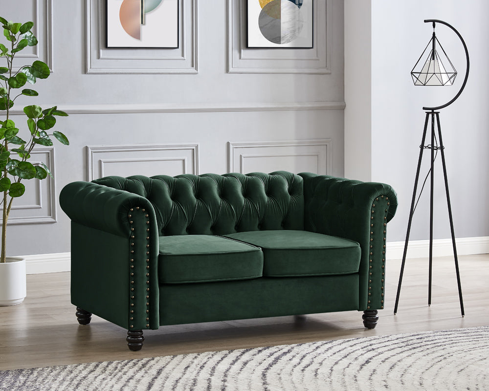 Harper Chesterfield Studded 3+2 Fabric Sofa- Green Velvet