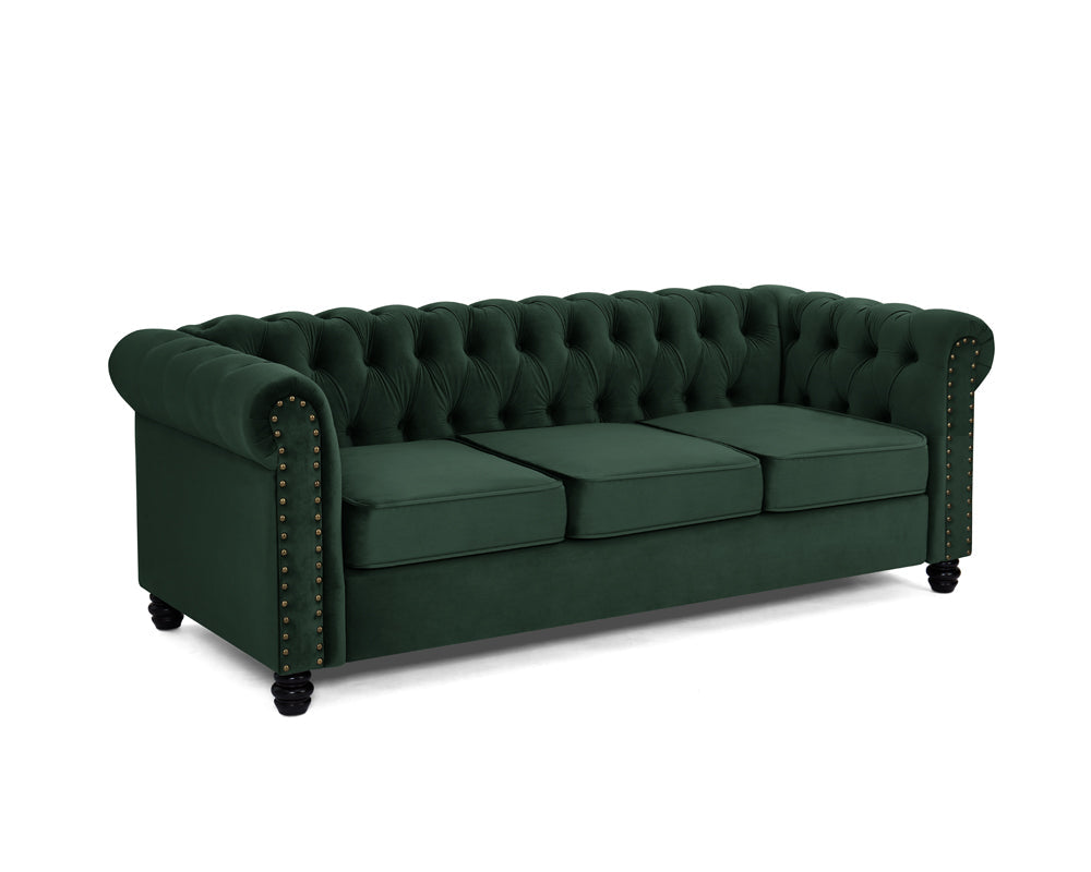 Harper Chesterfield Studded 3+2 Fabric Sofa- Green Velvet