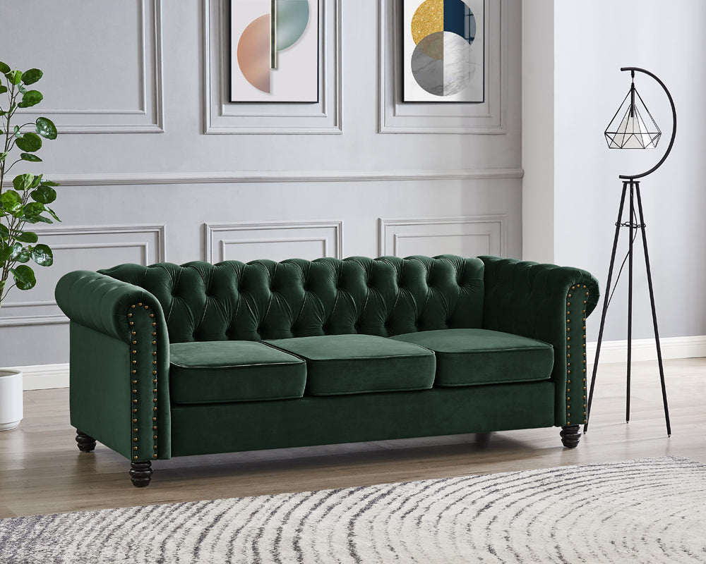 Harper Chesterfield Studded 3+2 Fabric Sofa- Green Velvet