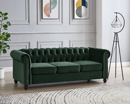 Harper Chesterfield Studded 3+2 Fabric Sofa- Green Velvet