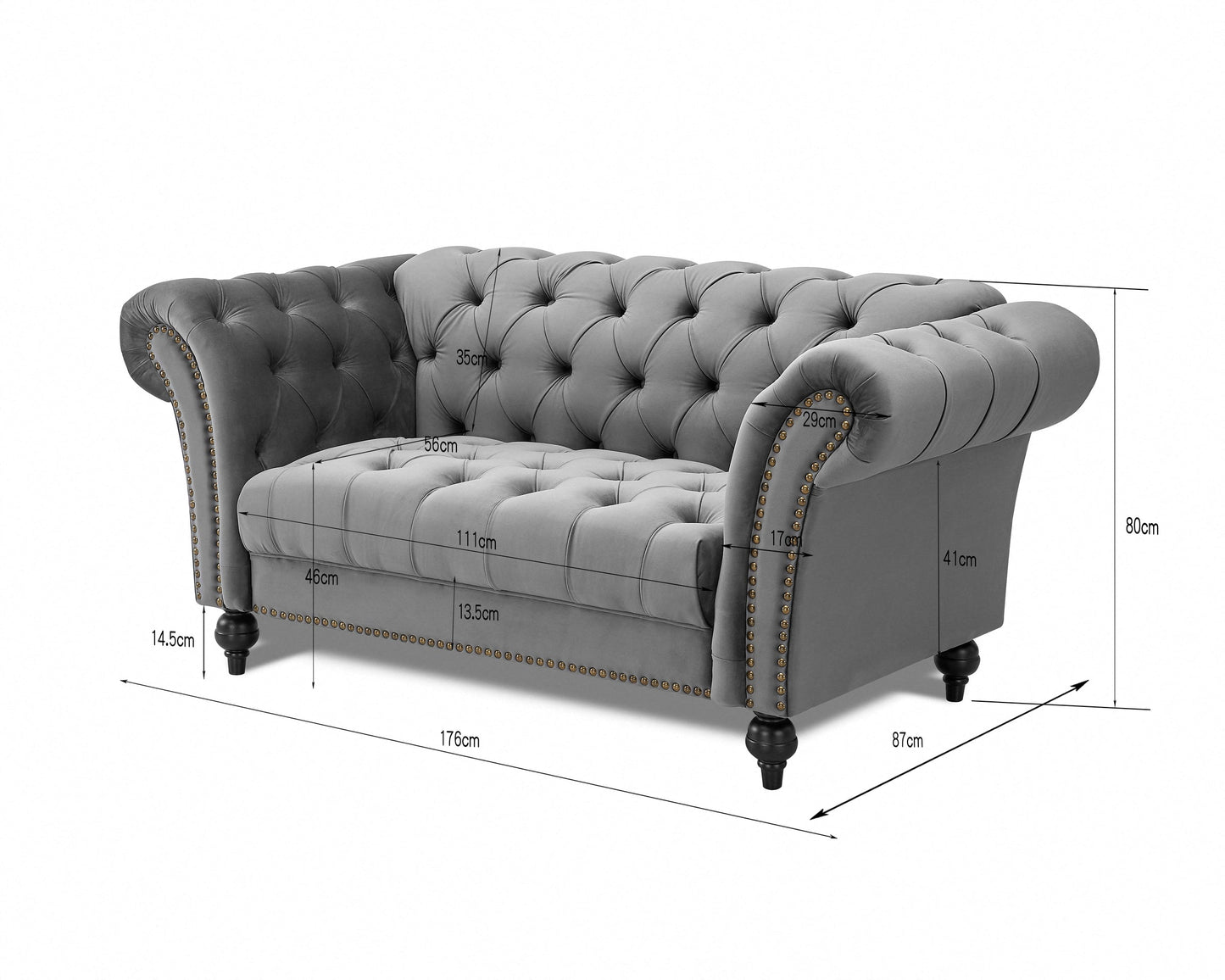 Emma Velvet 2 Seater Fabric Sofa, Grey