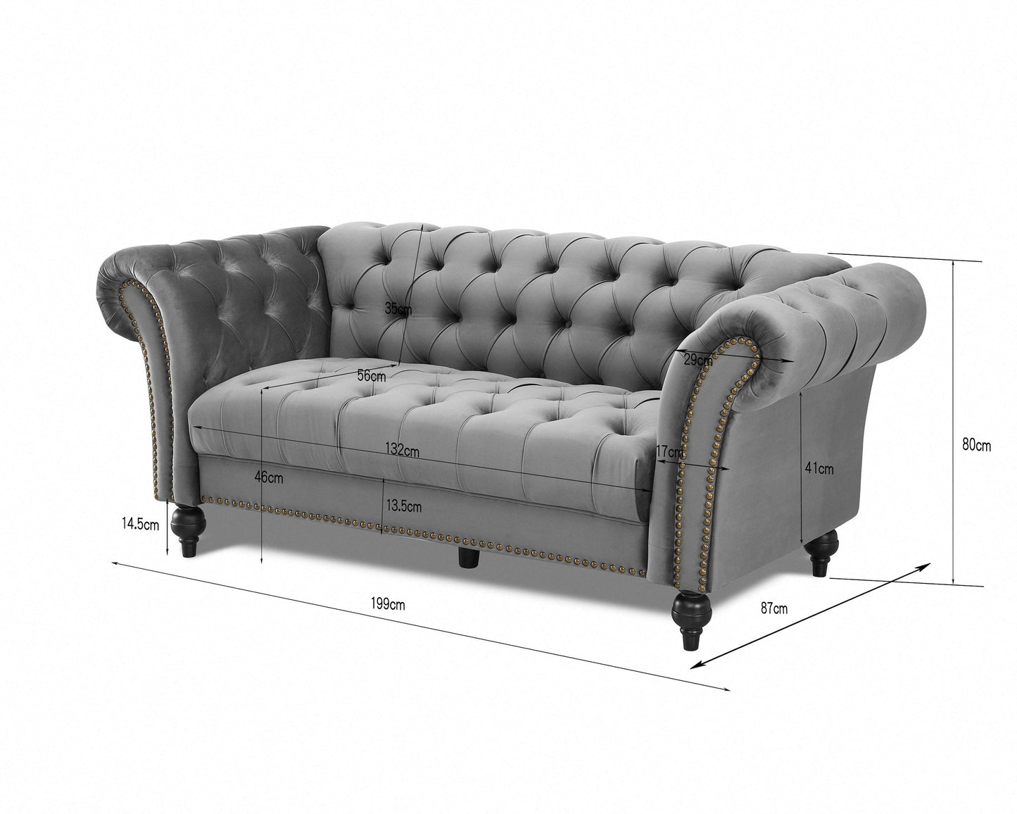 Emma Velvet 3 Seater Fabric Sofa, Grey