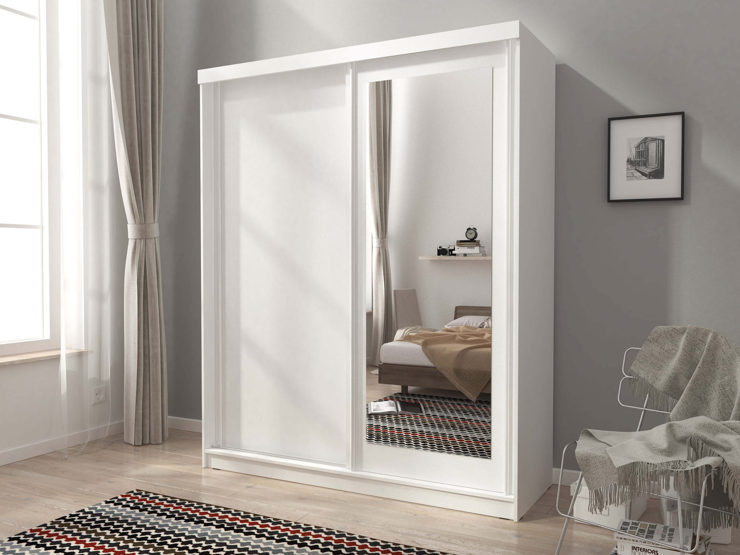 Nord 200cm 2Door Sliding Wardrobe with 1 Mirrored Door - White