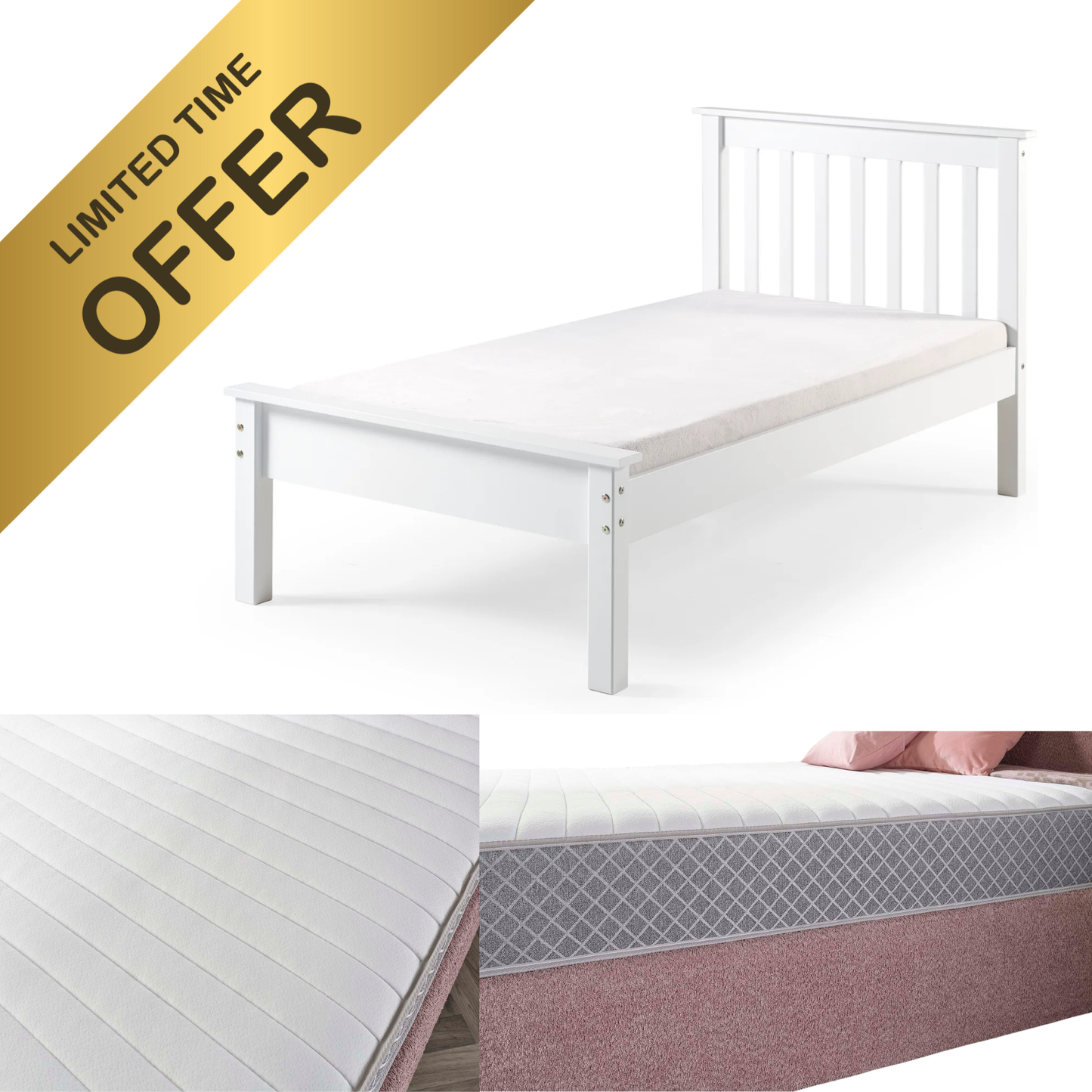 Alfie Single Bed Frame- White -  With Aspire Dual Layer Pro Hybrid Mattress