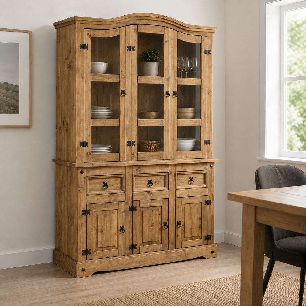 Corona Buffet Hutch 3 Door 3 Drawer - Distressed Waxed Pine/Glass