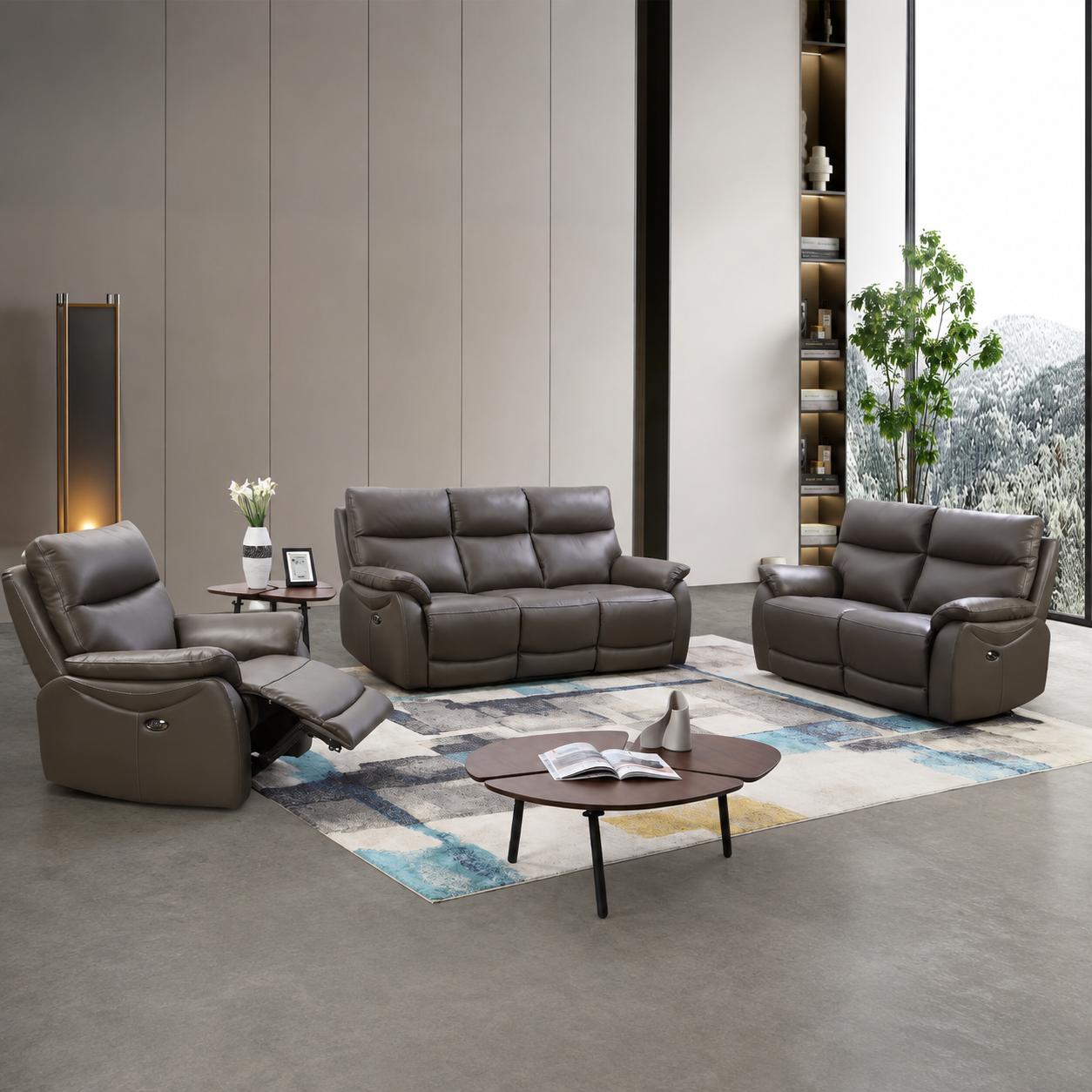 Hilltown 3RR +2R +1R  Seater Leather Electric Recliner- Grey