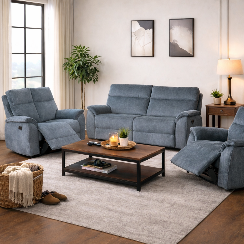 Ashtown 3 Seater Fabric Recliner Suite - Dark Grey