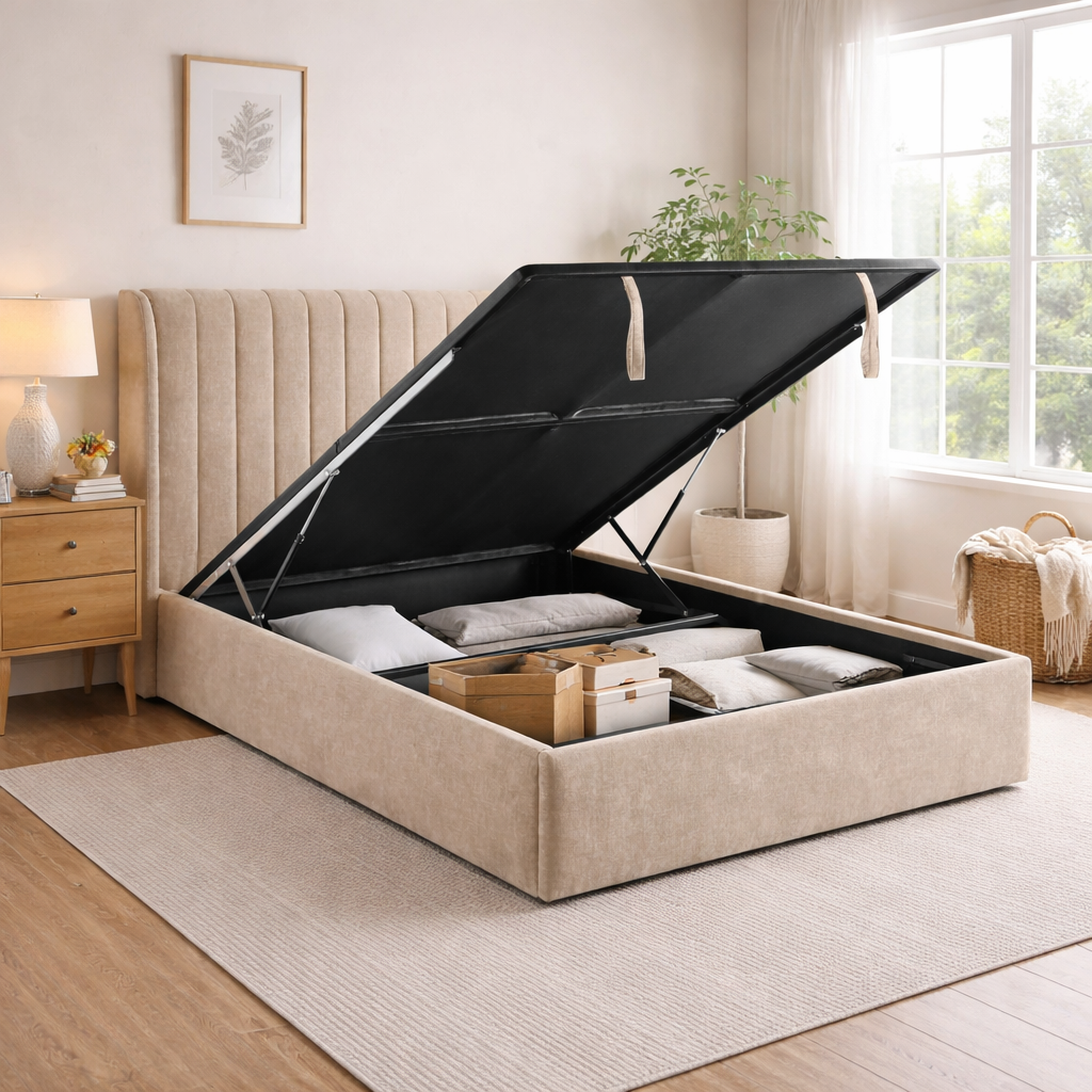 Frida 5ft  Gas Lift Storage King Size Bed Beige by Honey B