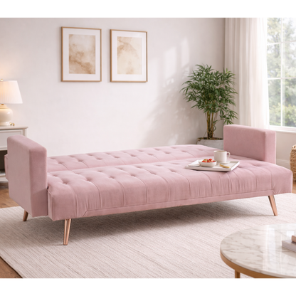 Salisbury 3 Seater Sofa Bed Luxury Velvet - Pink Velvet with Rose Gold Metal Legs