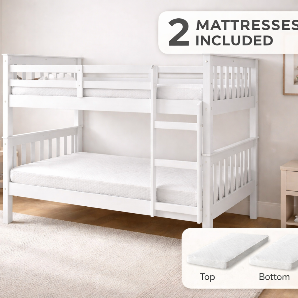 Alfie Bunk Bed - White - With 2 Budgets Mattress