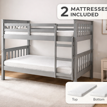 Alfie Bunk Bed - Grey With 2 Budget Mattress
