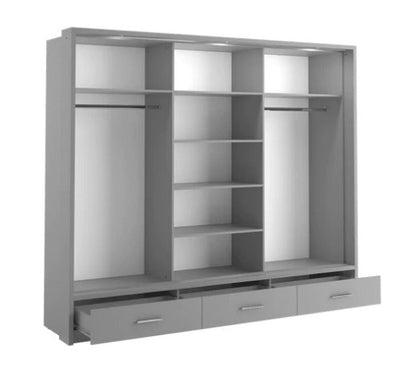 Sparta 250cm 3 Door Mirrored Sliding Wardrobe with 3 Drawers and LED Lights  - Grey