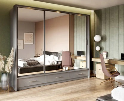 Sparta 250cm 3 Door Mirrored Sliding Wardrobe with 3 Drawers and LED Lights  - Grey