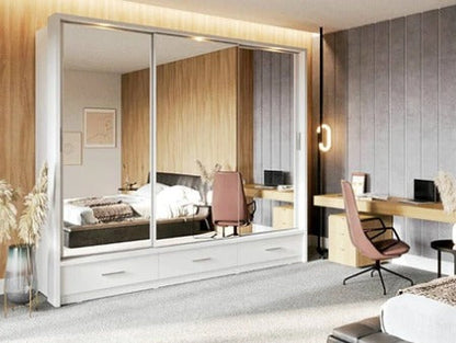 Sparta 250cm 3 Door Mirrored Sliding Wardrobe with 3 Drawers and LED Lights  - White