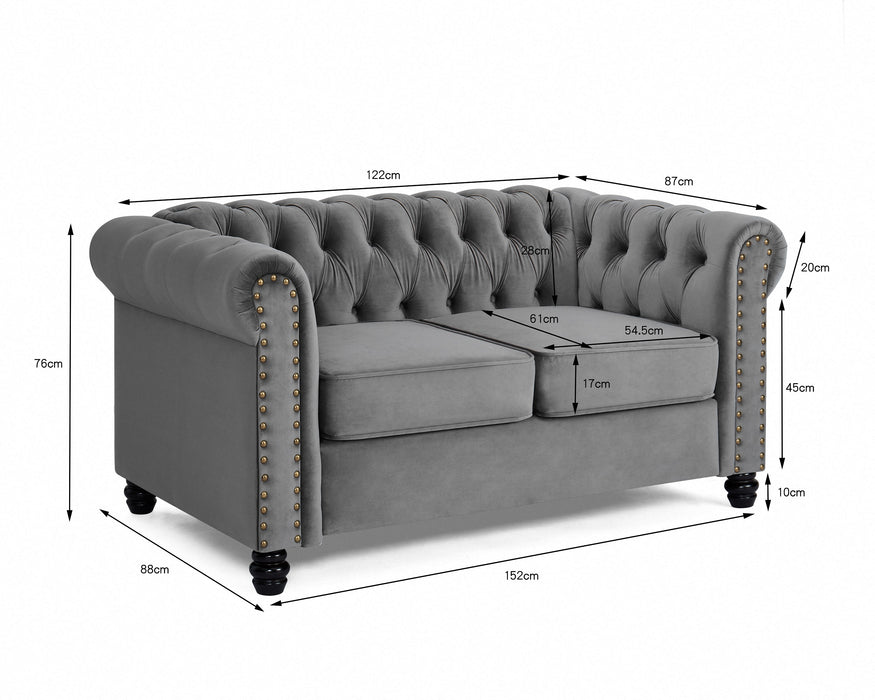 Harper Chesterfield Studded 2 Seater Fabric Sofa - Grey Velvet