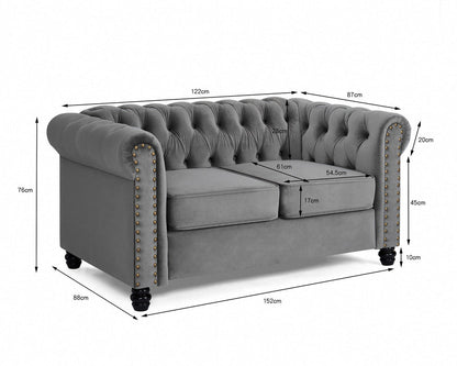 Harper Chesterfield Studded 2 Seater Fabric Sofa - Grey Velvet