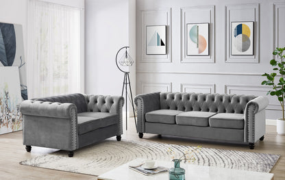Harper Chesterfield Studded 2 Seater Fabric Sofa - Grey Velvet