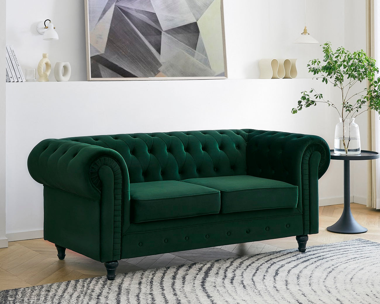 Harper Chesterfield 2 Seater Fabric Sofa - Pleat Green Velvet