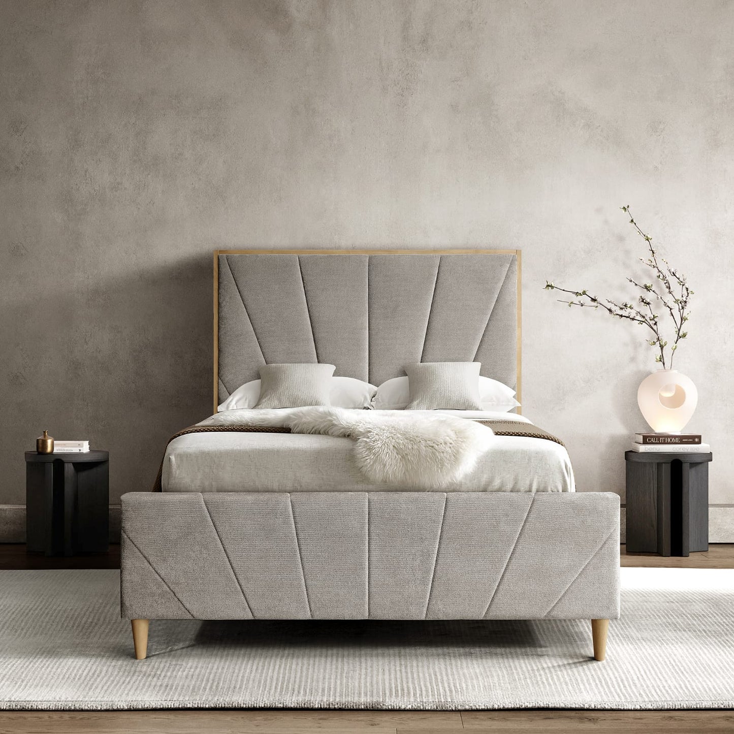 Bronx 5'0 King Size Bed  with wooden feet- Taupe Fabric