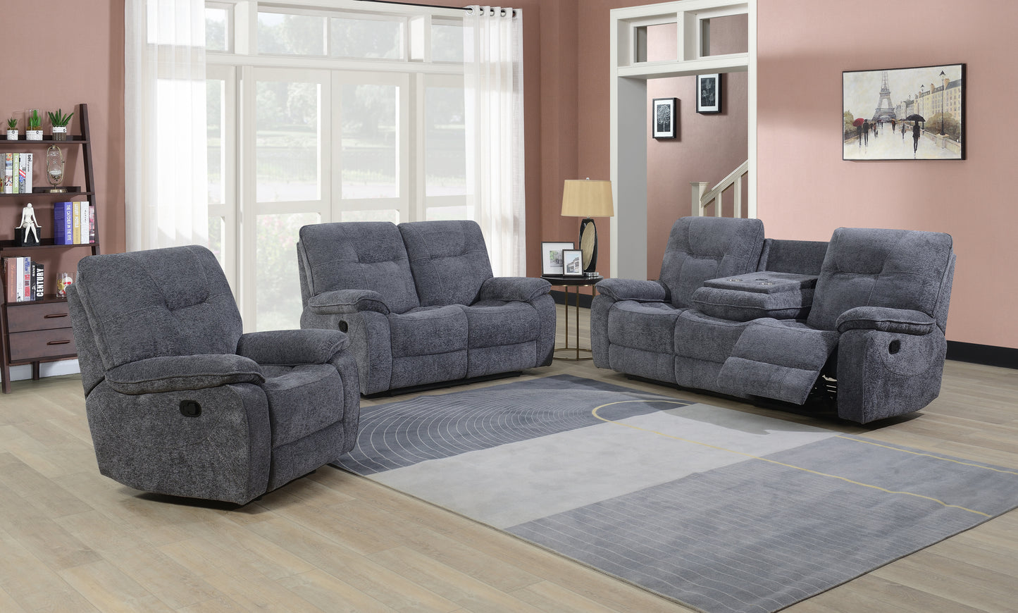 Castlegreen 3 Seater Fabric Recliner with pull down tray- Dark Grey