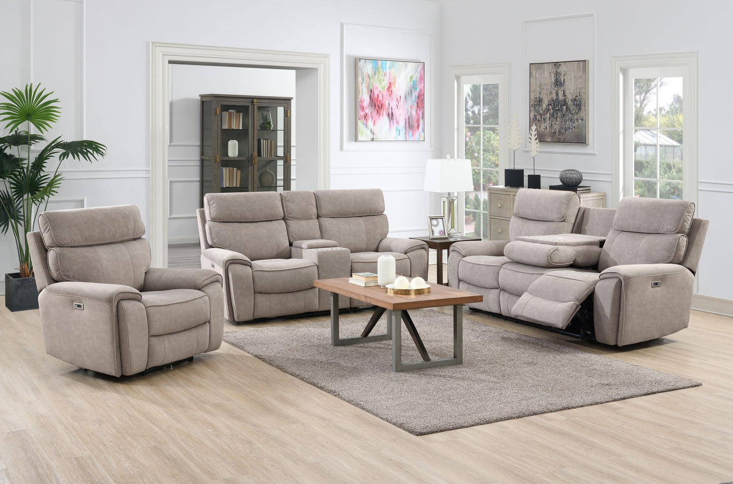 Springhill 2 Seater with Console Fabric Electric Recliner- Beige