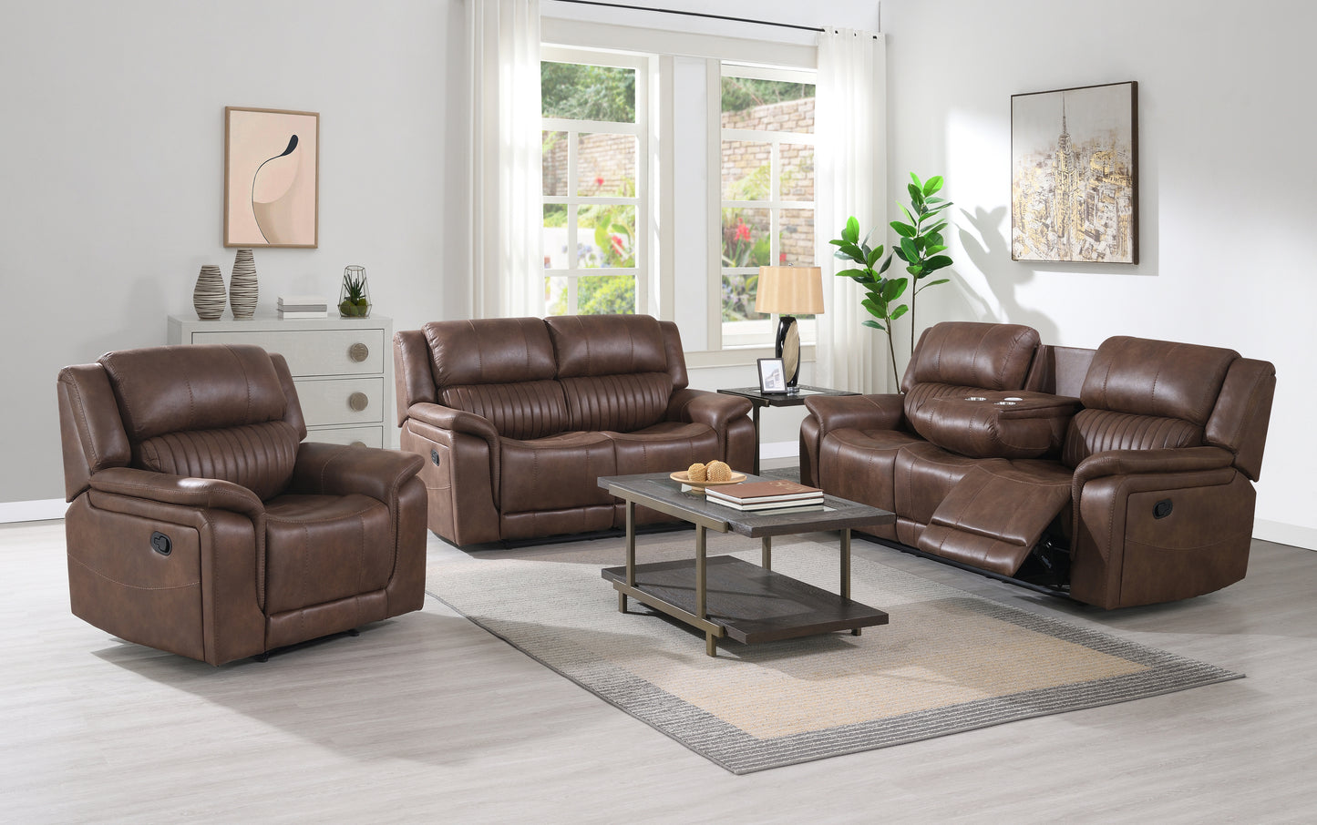 Westport 3 Seater Fabric Manual Recliner- with Pull Down Tray- Dark Brown