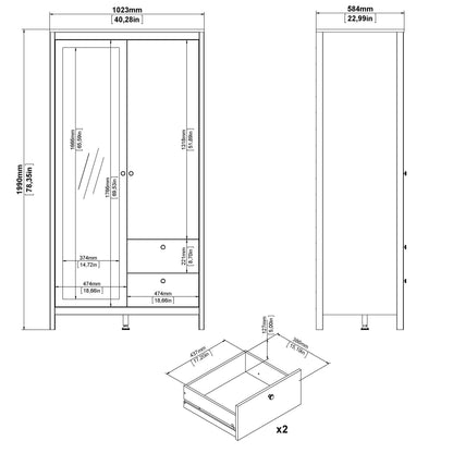 Madrid Wardrobe with 1 Plain door 1 mirror door and 2 drawers - Black