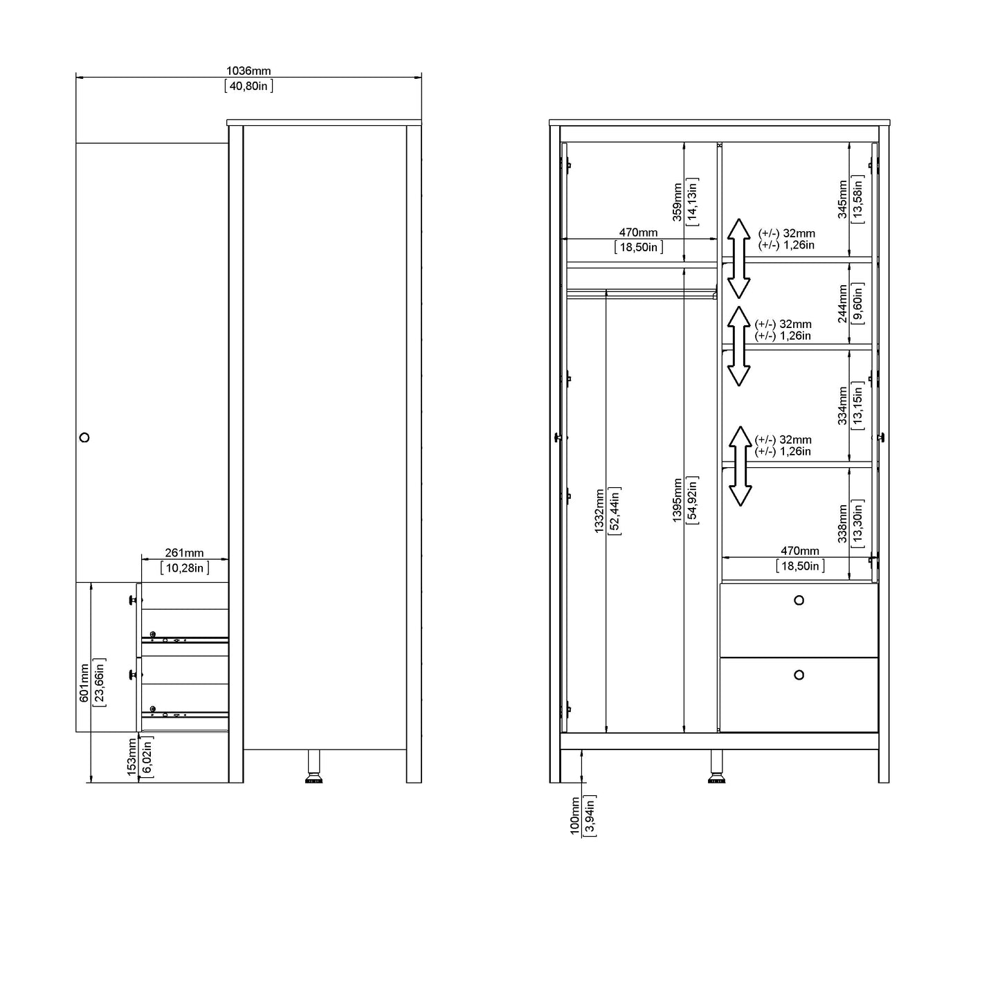 Madrid Wardrobe with 1 Plain door 1 mirror door and 2 drawers - Black