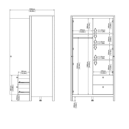Madrid Wardrobe with 1 Plain door 1 mirror door and 2 drawers - Black
