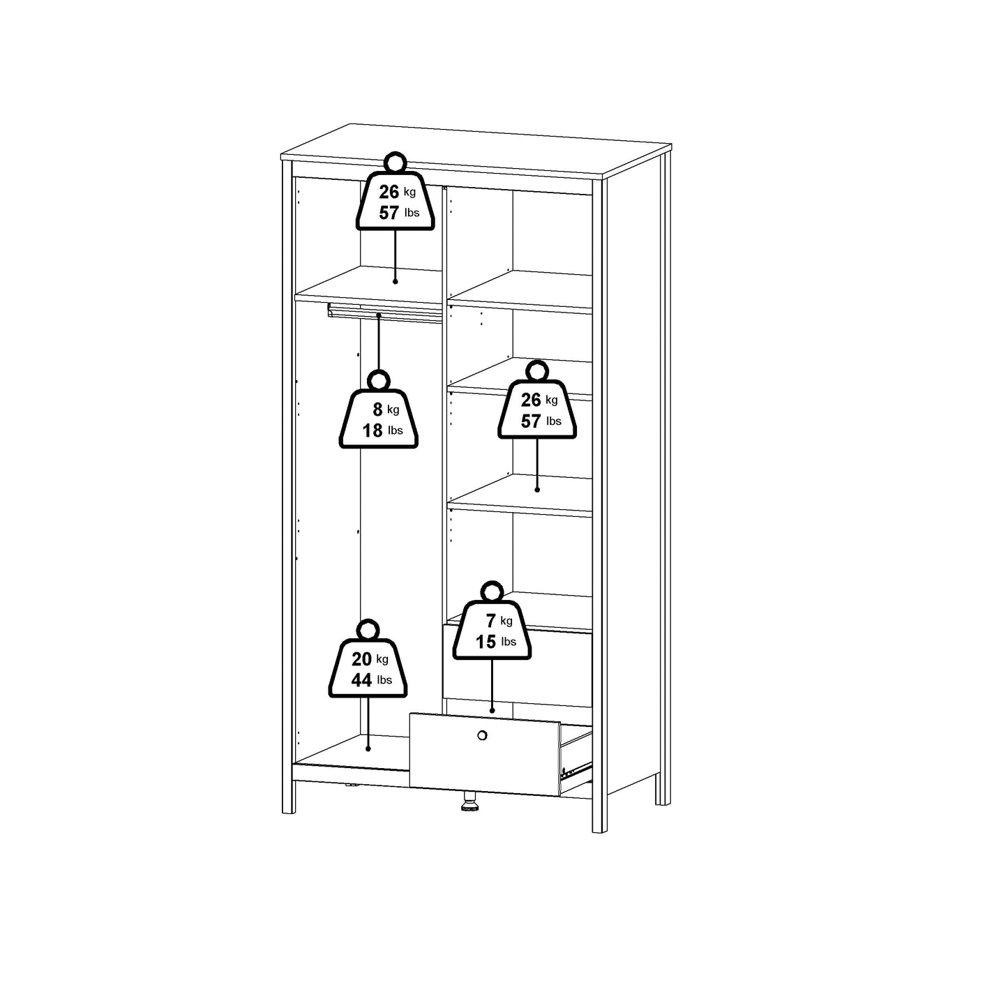 Madrid Wardrobe with 1 Plain door 1 mirror door and 2 drawers - White