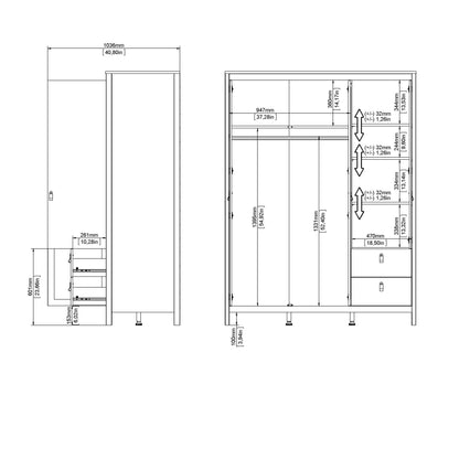 Madrid Wardrobe with 2 plain doors 1 mirror door and 2 drawers - White