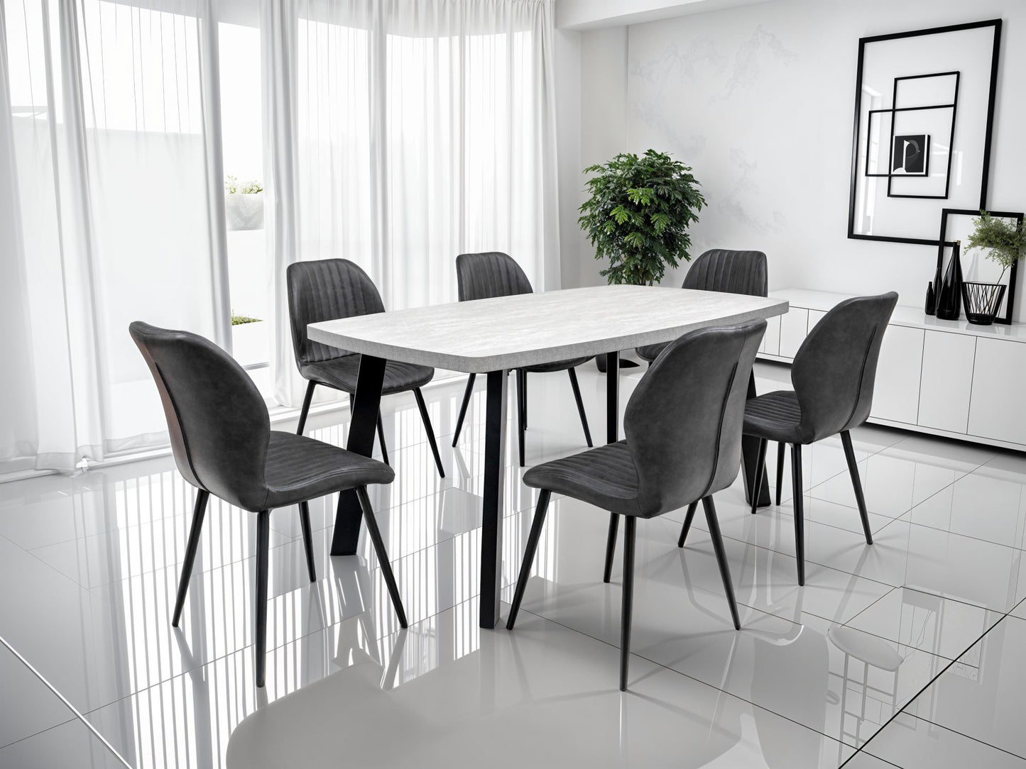 Roubine 1.6m Dining Table, Light Grey with Black Leg