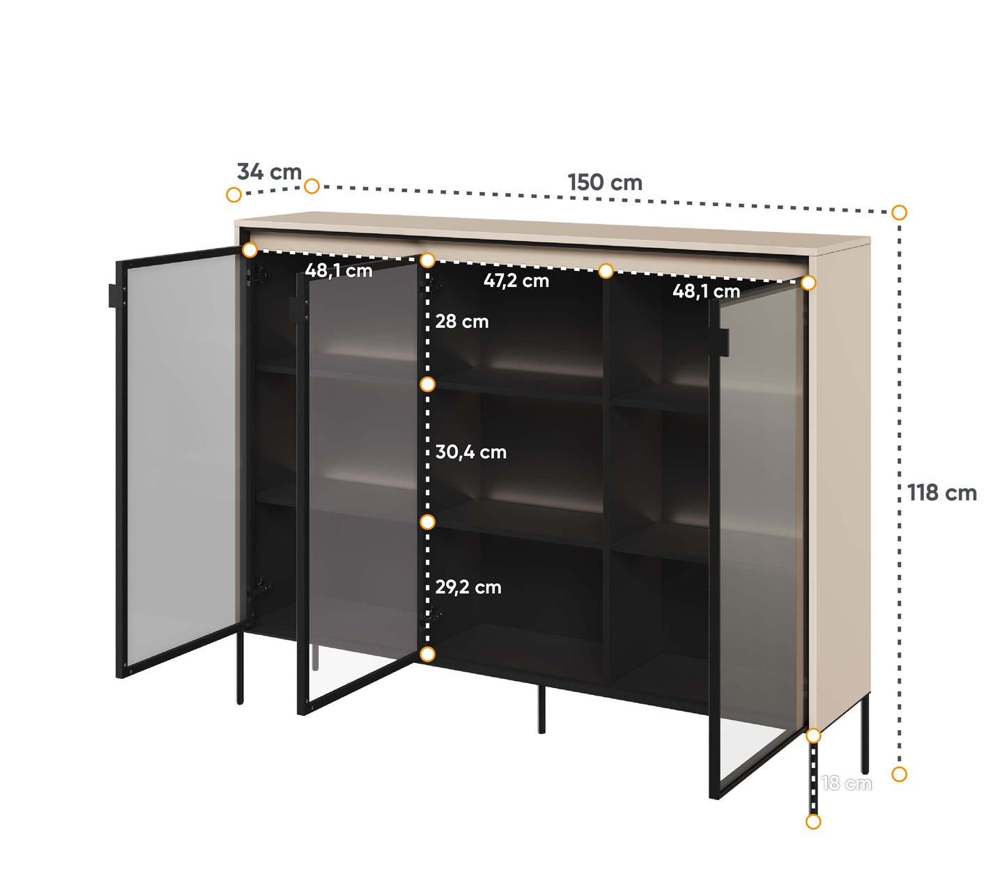Taylor 3 Door Glass Display Sideboard Cabinet - Beige