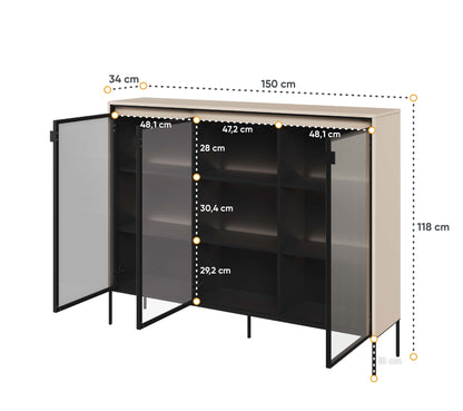 Taylor 3 Door Glass Display Sideboard Cabinet - Beige