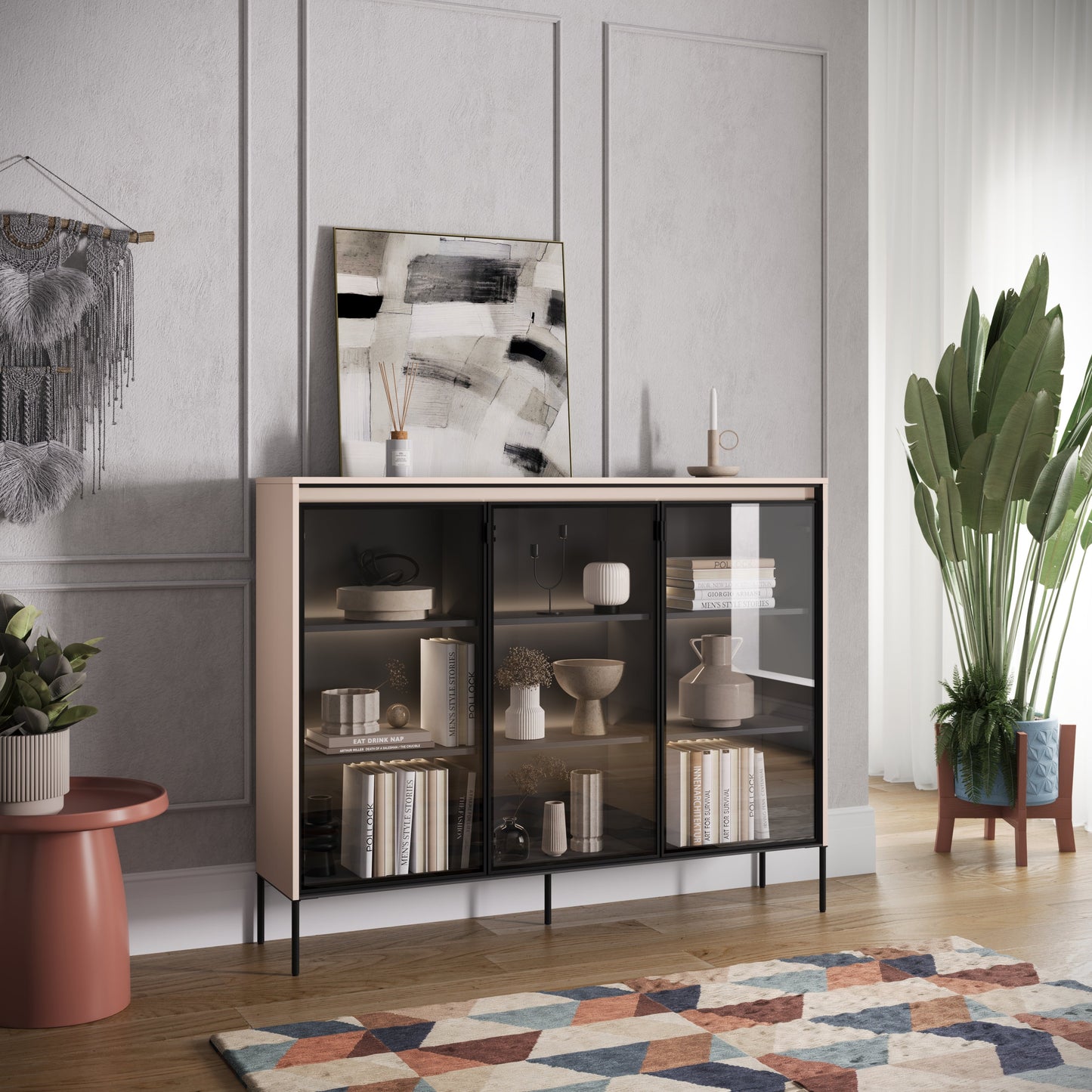 Taylor 3 Door Glass Display Sideboard Cabinet - Beige