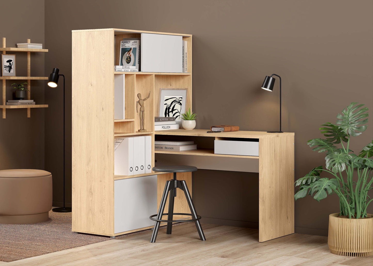 Function Plus Corner Desk with Bookcase - Jackson Hickory White