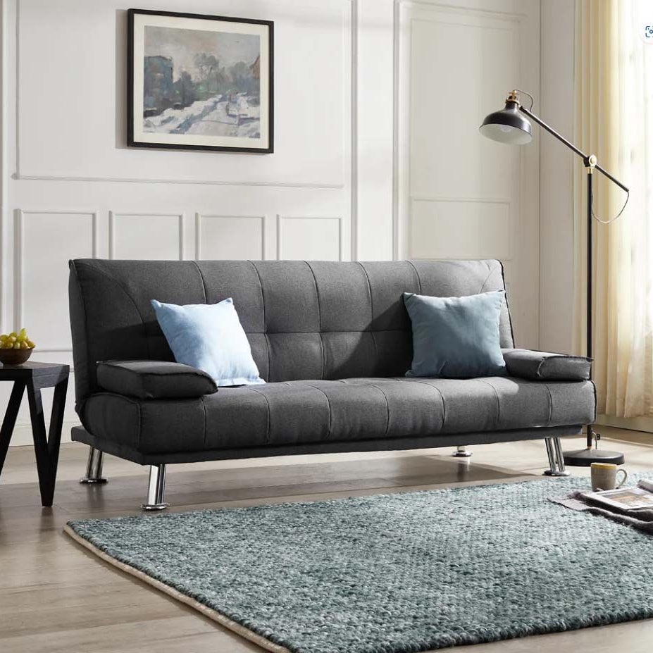 Helena 3 Seater Fabric Sofa Bed - Grey with chrome legs