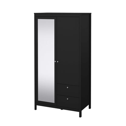 Madrid Wardrobe with 1 Plain door 1 mirror door and 2 drawers - Black