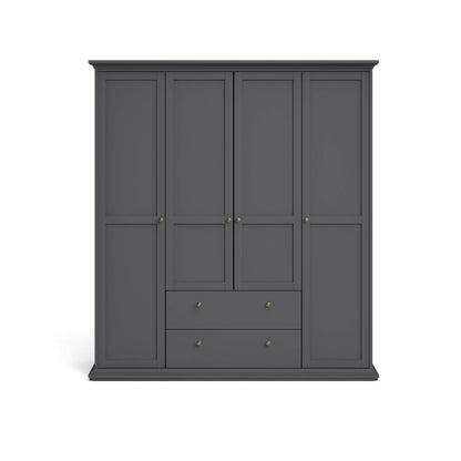 Paris Wardrobe with 4 Doors 2 Drawers - Grey