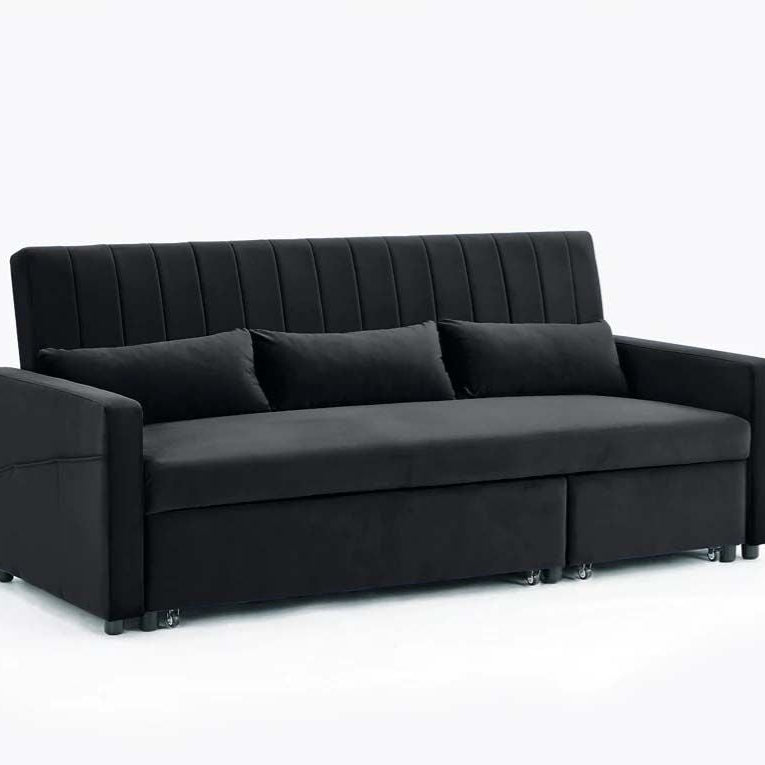Anglia 3 Seater Storage Sofa Bed with Pull Out Chaise - Black Velvet with pillows
