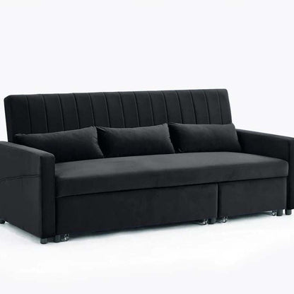 Anglia 3 Seater Storage Sofa Bed with Pull Out Chaise - Black Velvet with pillows