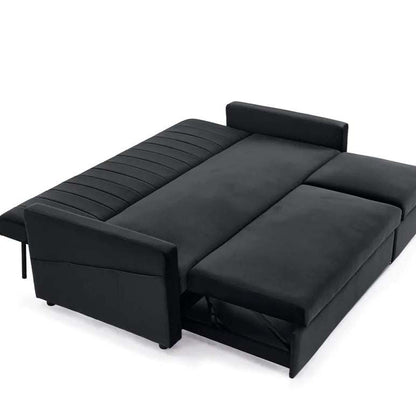 Anglia 3 Seater Storage Sofa Bed with Pull Out Chaise - Black Velvet opened like bed