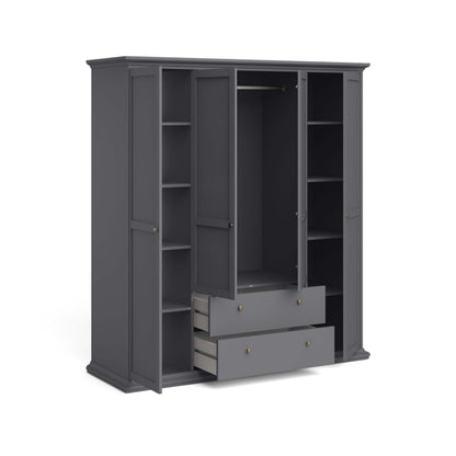 Paris Wardrobe with 4 Doors 2 Drawers - Grey